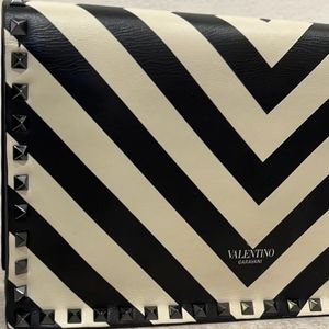 Valentino Black & Ivory Nappa Chevron Striped Rockstud Wrist Clutch